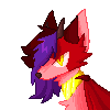 Pixel art of a red fox with small curved horns and long hair that covers half her face. She is glaring and has a gold necklace.